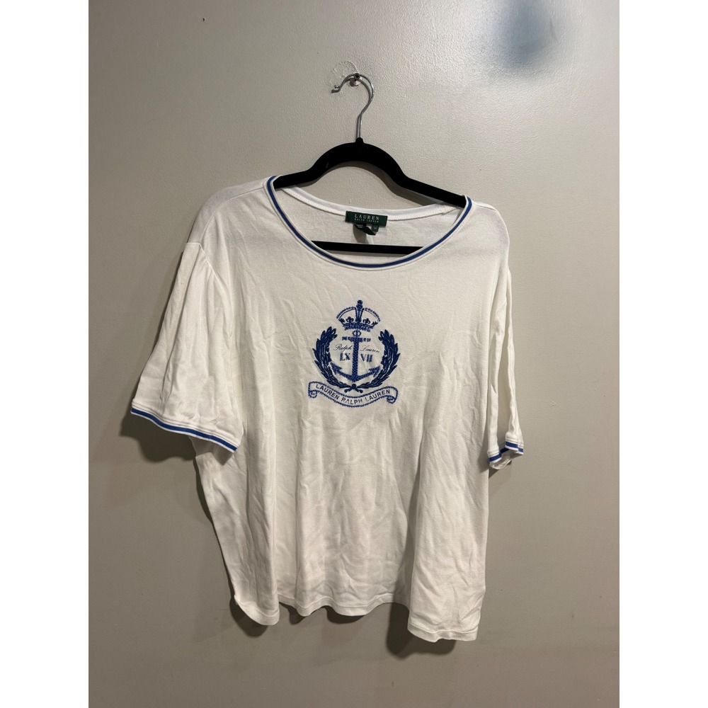 Lauren Ralph Lauren White Nautical Beaded Anchor Crest Tee Shirt 2X
